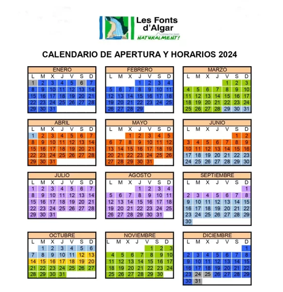 Calendario 2024 Fuentes del Algar Instanticket