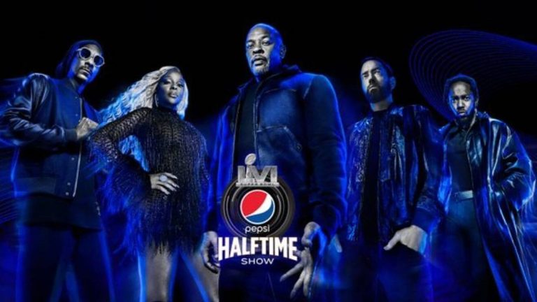 Dr. Dree, Snoop Dog, Eminem, Mary J. Blige, Kendrick Lamar y 50 cent en el Halftime Show de la Superbowl 2022